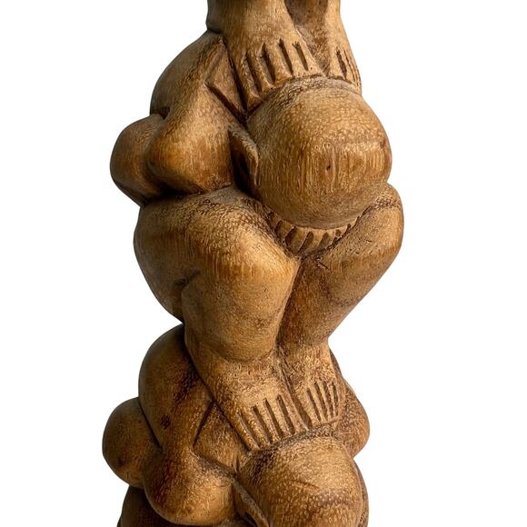 Vintage Hand Carved Wooden Weeping Buddha Totem Sculpture Triple Yogi 12 Inches - Picture 9 of 10